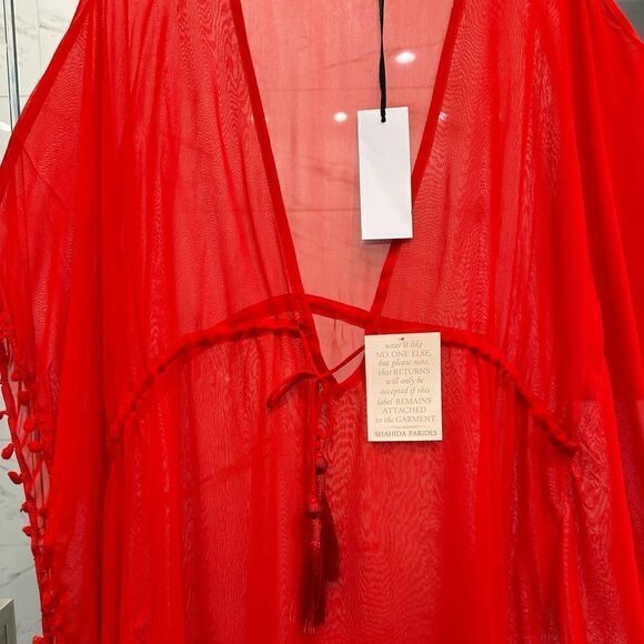 11-Cherry Red Tassel Trim Short Swim Cover by Shahida Parides - Picture 3 of 11